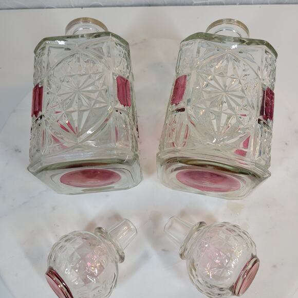 Vintage Decanters Crystal Cranberry Liquor Heavy Cut Glass Whiskey Set of 2 - Picture 4 of 16